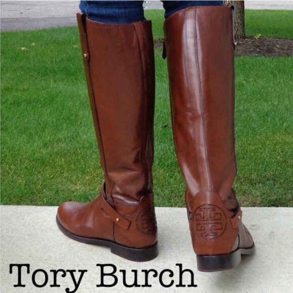 Tory Burch Derby Leather Riding Boot In Almond Brown Back Logo Sz 7 M - Picture 1 of 13